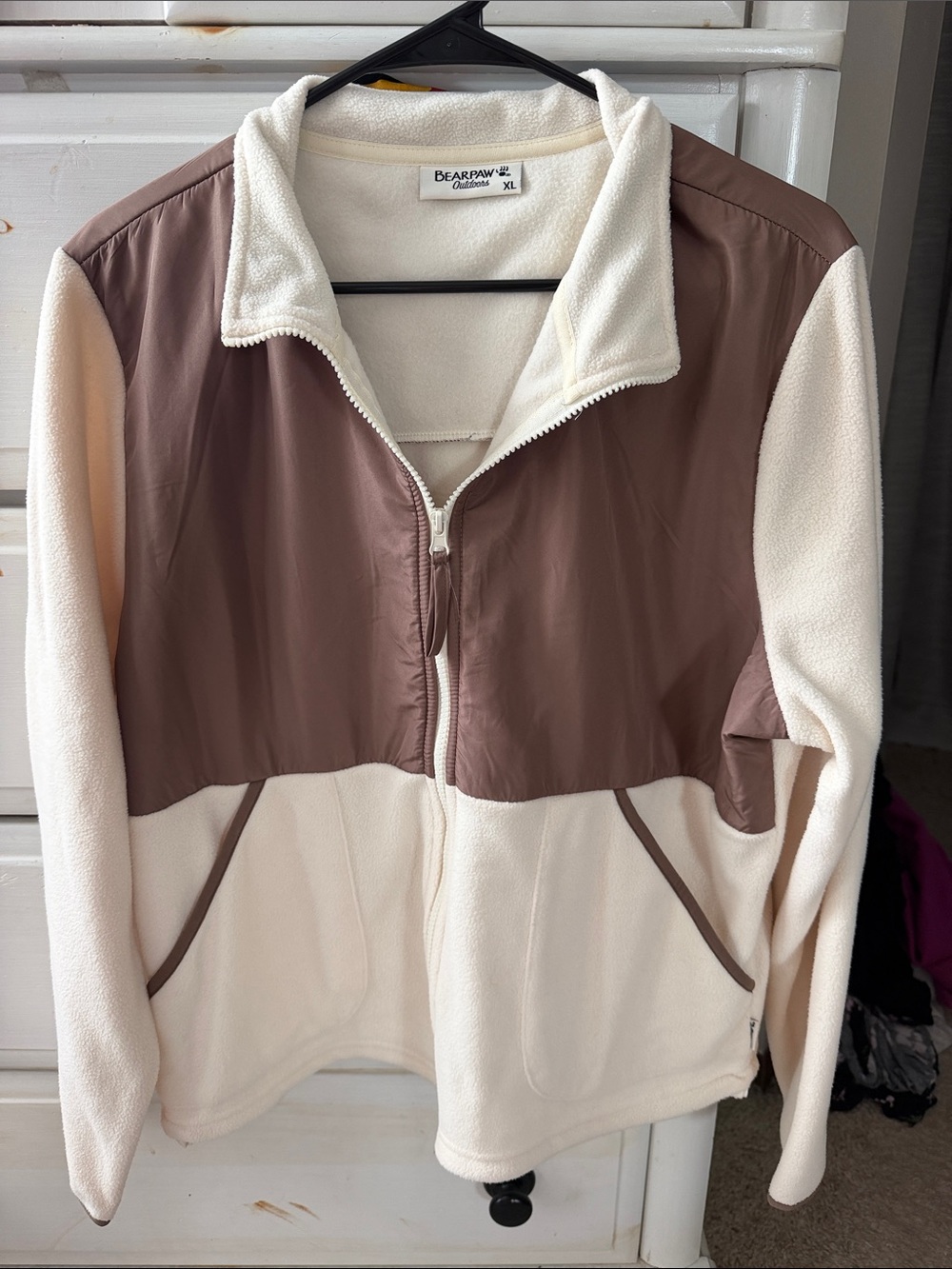 BearPaw Cream and Brown Fleece Zip Jacket